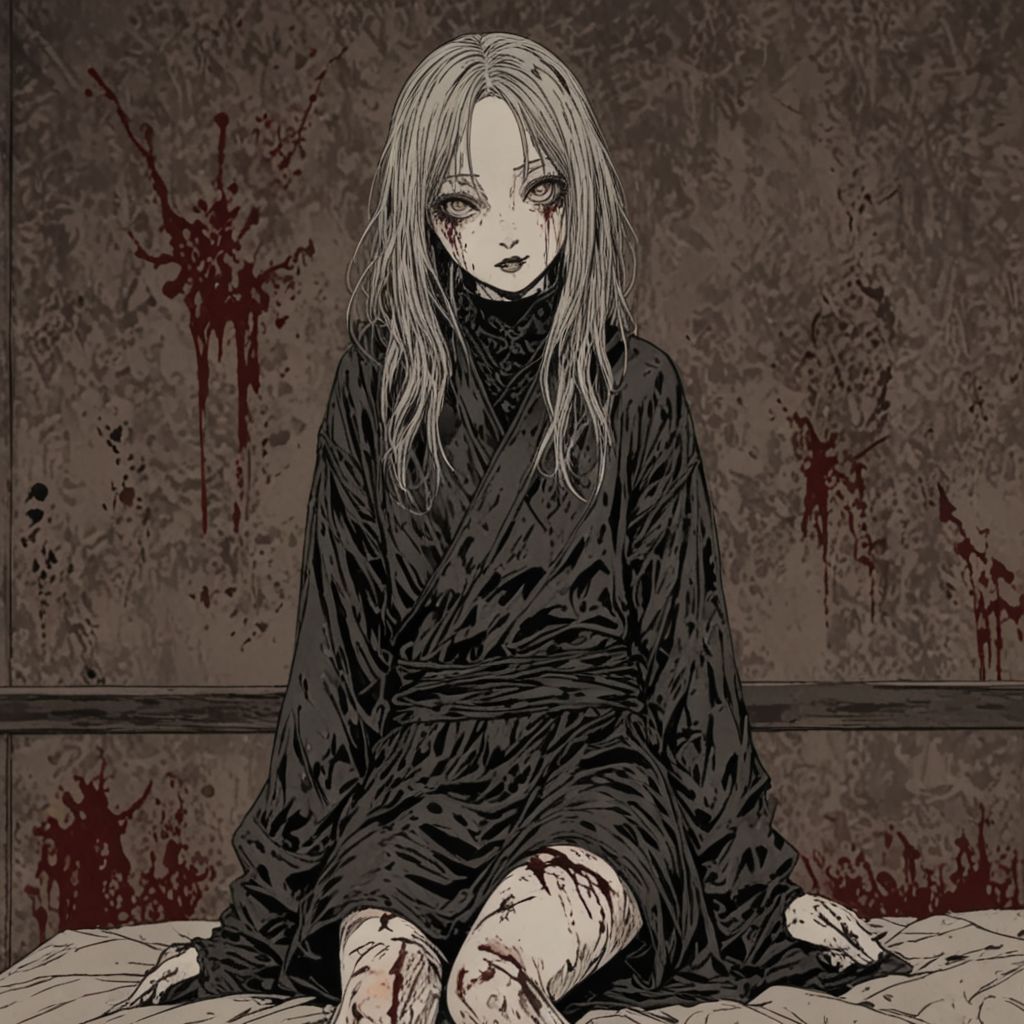 japanese line art    , goth girl, bloody, dark lighting, horror vibes, bedroom background,  weathered canvas and brushstroke, highly detailed, high definition,