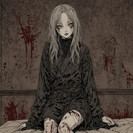japanese line art , goth girl, bloody, dark lighting, horror vibes, bedroom background, weathered canvas and brushstroke, highly detailed, high definition,