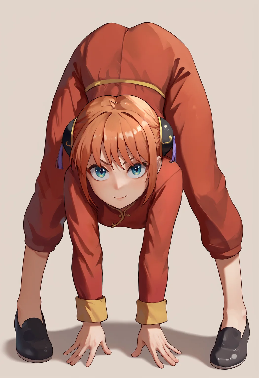 score_9, score_8_up, score_7_up, 1girl, solo, looking at viewer, handstand, 
BREAK 
kagura, short hair, double bun, black bun cover, red shirt, long sleeves, red pants, chinese clothes, black footwear <lora:Kagura:1>