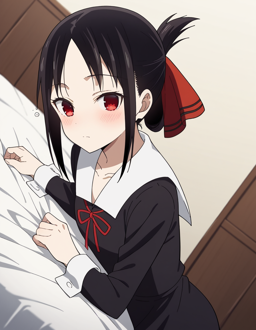 score_9, score_8_up, score_7_up, source_anime,
kaguyashinomiya, <lora:kaguya-shinomiya-s3-ponyxl-lora-nochekaiser:1>,
kaguya shinomiya, short hair, bangs, black hair, red eyes, hair ribbon, sidelocks, folded ponytail, parted bangs,
long sleeves, dress, ribbon, school uniform, collarbone, black dress, sailor collar, white sailor collar, red ribbon, neck ribbon, shuuchiin academy school uniform,
indoors, bed, bed room, on side, blush, drunk,
looking at viewer, cowboy shot, dutch angle, solo,