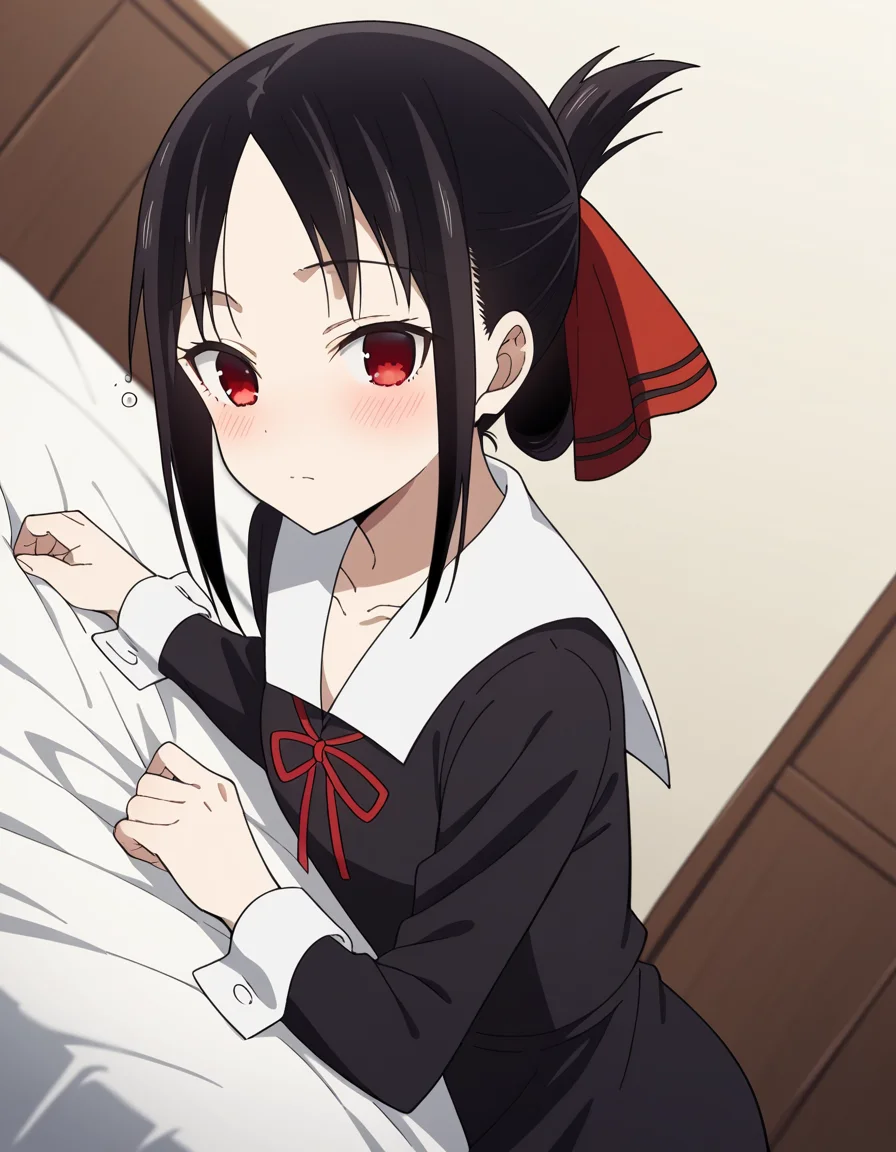 score_9, score_8_up, score_7_up, source_anime,
kaguyashinomiya, <lora:kaguya-shinomiya-s3-ponyxl-lora-nochekaiser:1>,
kaguya shinomiya, short hair, bangs, black hair, red eyes, hair ribbon, sidelocks, folded ponytail, parted bangs,
long sleeves, dress, ribbon, school uniform, collarbone, black dress, sailor collar, white sailor collar, red ribbon, neck ribbon, shuuchiin academy school uniform,
indoors, bed, bed room, on side, blush, drunk,
looking at viewer, cowboy shot, dutch angle, solo,