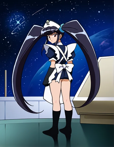 score_9_up, source_anime, paiway_underberg,maid outfit, looking back. 1girl, solo. from behind. full body. looking at viewer. space. stars, galaxy. indoors.;o,anime coloring, style parody,  retro artstyle.  long hair,  black hair,  red eyes,  hat, twintails, very long hair, sidelocks, blunt bangs, apron,   nurse cap,  nurse. black elbow gloves.  black knee bots. standing.