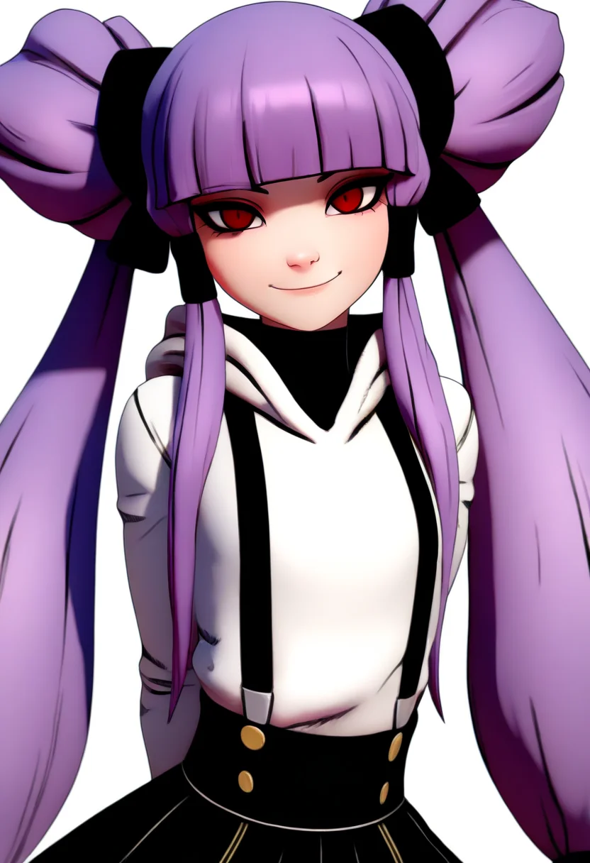 masterpiece, best quality, very aesthetic, absurdres,
1girl, althea, purple hair, blunt bangs, twintails, long hair, red eyes,
white hoodie, white long sleeves, black suspenders skirt,
arms behind back, upper body, hands on hips,
smile, solo, looking at viewer, simple background, white background, <lora:BorderlandsNoobLocon_byKonan:1> <lora:AltheaNoobXL_byKonan:1:0.5>