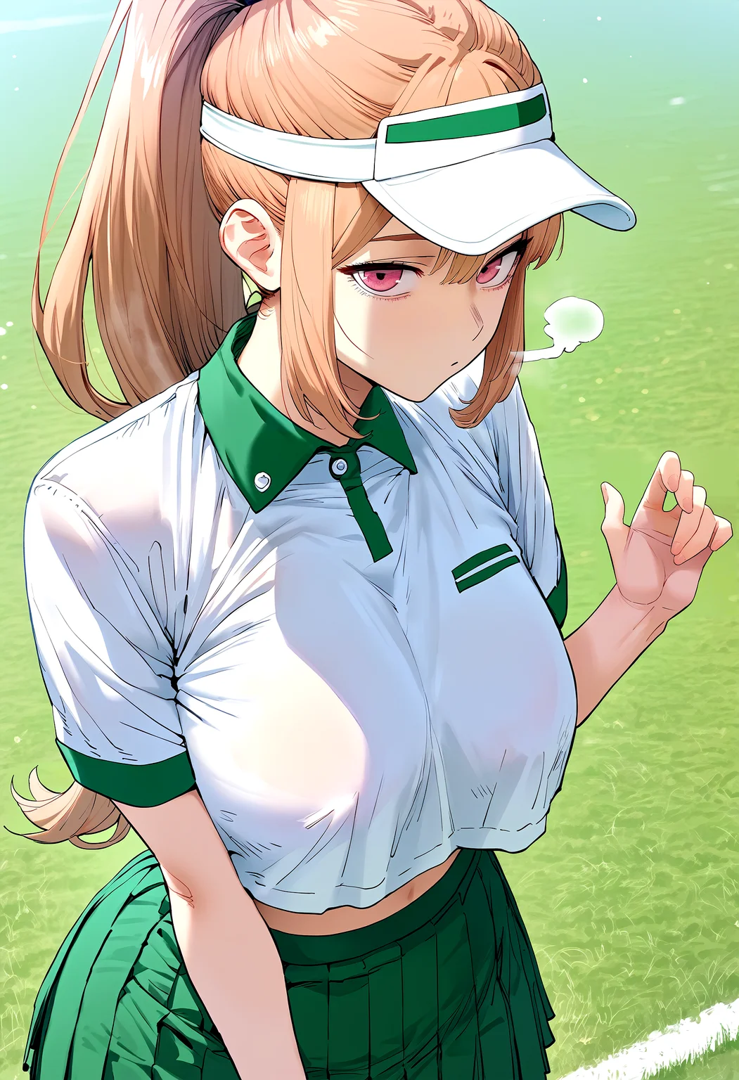 score_9, score_8_up, score_7_up, score_6_up, source_anime, rating_explicit, 1girl, (solo:1.1), huge breasts, <lora:Lee Dahyeponyxl:1>long hair, pink eyes, red eyes, brown hair, blonde hair, orange hair, ponytail, white visor cap, white shirt, collared shirt, short sleeves, crop top, pleated skirt, green skirt, expressionless, Narrow shoulders, heavy breathing, steaming body, grasslands, outdoors, looking at viewer, close-up
