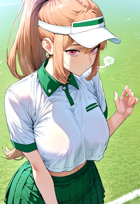 score_9, score_8_up, score_7_up, score_6_up, source_anime, rating_explicit, 1girl, (solo:1.1), huge breasts, <lora:Lee Dahyeponyxl:1>long hair, pink eyes, red eyes, brown hair, blonde hair, orange hair, ponytail, white visor cap, white shirt, collared shirt, short sleeves, crop top, pleated skirt, green skirt, expressionless, Narrow shoulders, heavy breathing, steaming body, grasslands, outdoors, looking at viewer, close-up