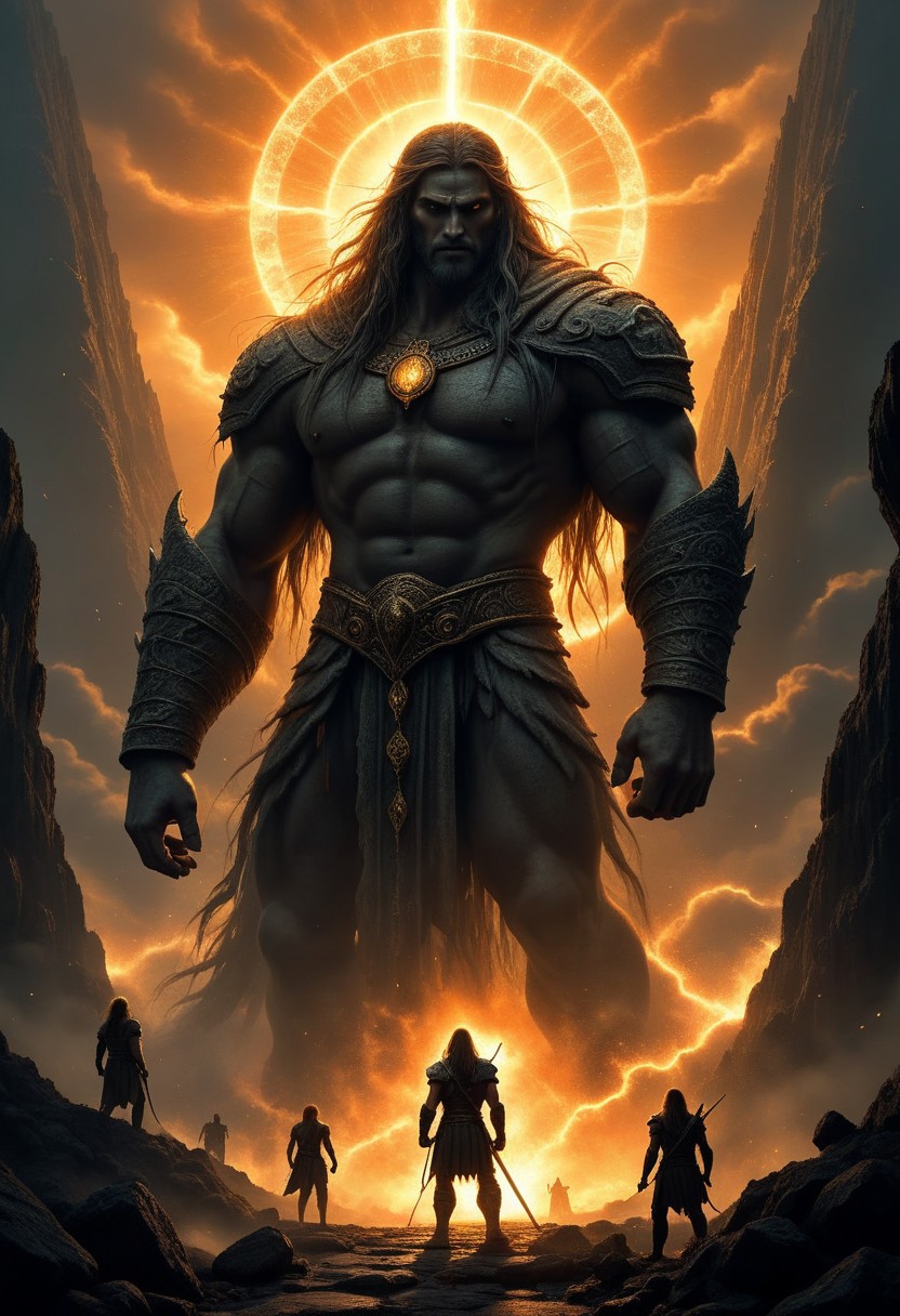 A breathtaking, ultra-detailed depiction of the Nephilim, the legendary giants of the ancient world. Towering over mortals, their colossal, battle-scarred bodies exude both divine power and an eerie, otherworldly presence. Their skin, etched with mystic runes, glows faintly under the stormy heavens, hinting at their celestial origins.
One Nephilim stands at the forefront, his piercing, luminous eyes reflecting both wisdom and sorrow. His face is a fusion of angelic beauty and brutal strength, framed by long, wild hair. Muscles like carved stone, veins like rivers of molten gold, he grips an ornate, oversized weapon—a relic from a forgotten age.
The ruined landscape around them tells of a world shaped by their battles. Scattered ruins, shattered monoliths, and the remnants of long-lost civilizations lay beneath their feet. The air is thick with tension, as if the very ground trembles beneath their presence.
In the distance, a celestial glow pierces through the dark clouds—a divine force watching. Are the Nephilim fallen warriors, tragic exiles, or vengeful demigods? The mystery lingers in their haunting, godlike gaze.
Epic cinematic lighting, hyper-realistic textures, dark fantasy, ancient mythology, towering giants, ethereal atmosphere, divine vs. mortal, ultra-detailed environment. aidmamj6.1