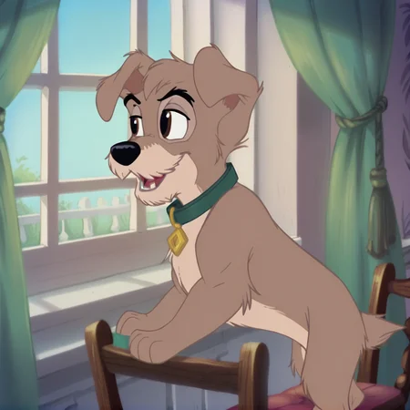 score_9, score_8_up, score_7_up, score_6_up, score_5_up, score_4_up, BREAK, <lora:Scamp1:1>, scampdog, solo, open mouth, animal ears, brown eyes, sitting, teeth, day, indoors, collar, looking to the side, no humans, window, fangs, chair, curtains, animal focus, animalization, two tone fur, dog, body fur, grey fur