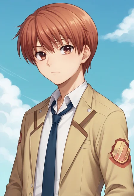 score_9, score_8_up, score_7_up, source_anime, highly detailed,
yuzuru, 1boy, school uniform, male focus, solo, brown eyes, necktie, shinda sekai sensen uniform, red hair, red eyes, upper body,
