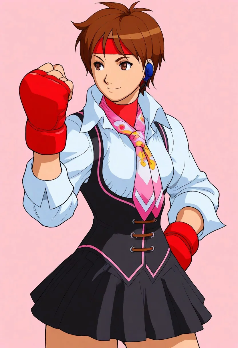 Bengstdrk, score_6_up, Expressiveh, flat shading, simple shading, human, solo, 1girl, sakura kasugano, SAKSFDF,brown hair, short hair, red headband, brown eyes, pink necktie,framed breasts, black dress, black skirt, corset, white collared shirt, mma gloves, earpiece, posing sexy, nsfw, uncensored, (anime screencap), happy