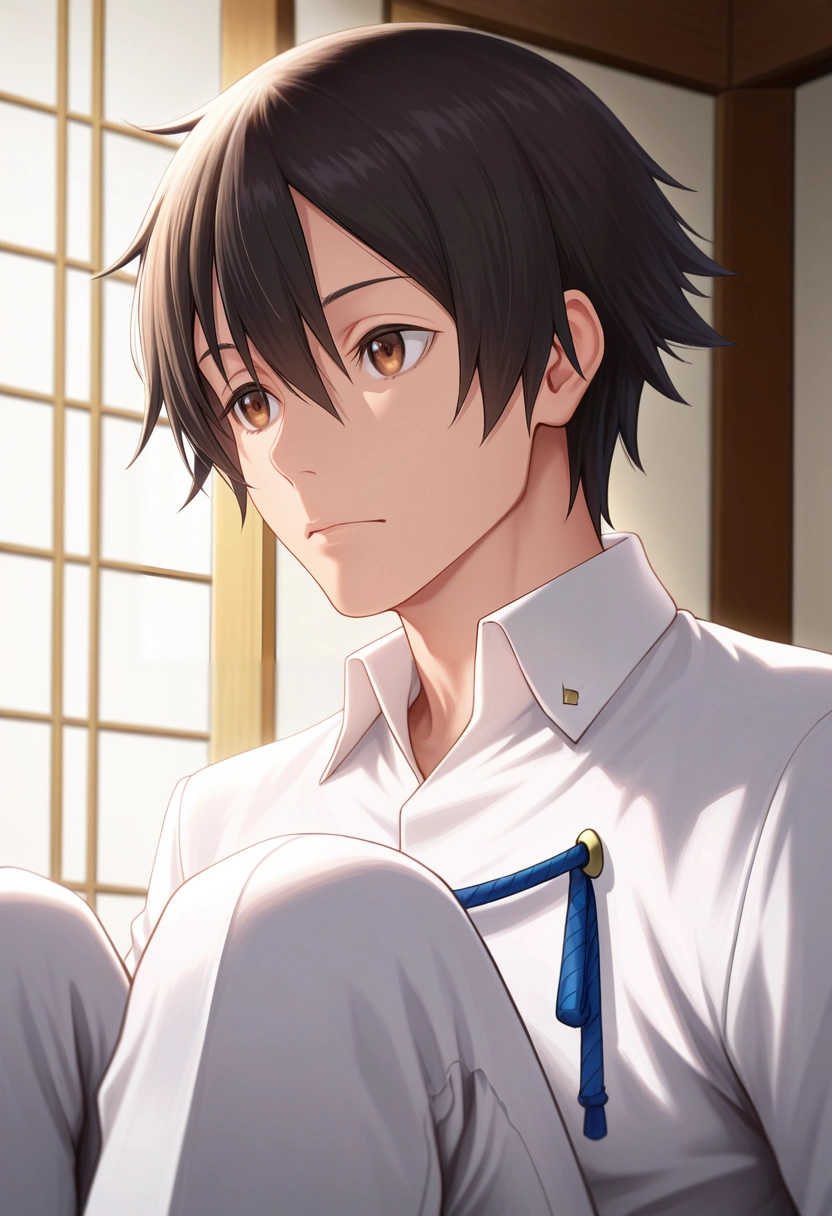 masterpiece, best quality, , (realistic:0.6),, 1boy, solo, male focus, <lora:yuuki_kagurazaka_ilxl:0.92>, yuuki_kagurazaka, black hair, brown eyes, short hair, hair between eyes, white shite, collared shirt, blue ribbon, white pants, upper body, fuji mountain, indoors, light, knees up, relaxed,