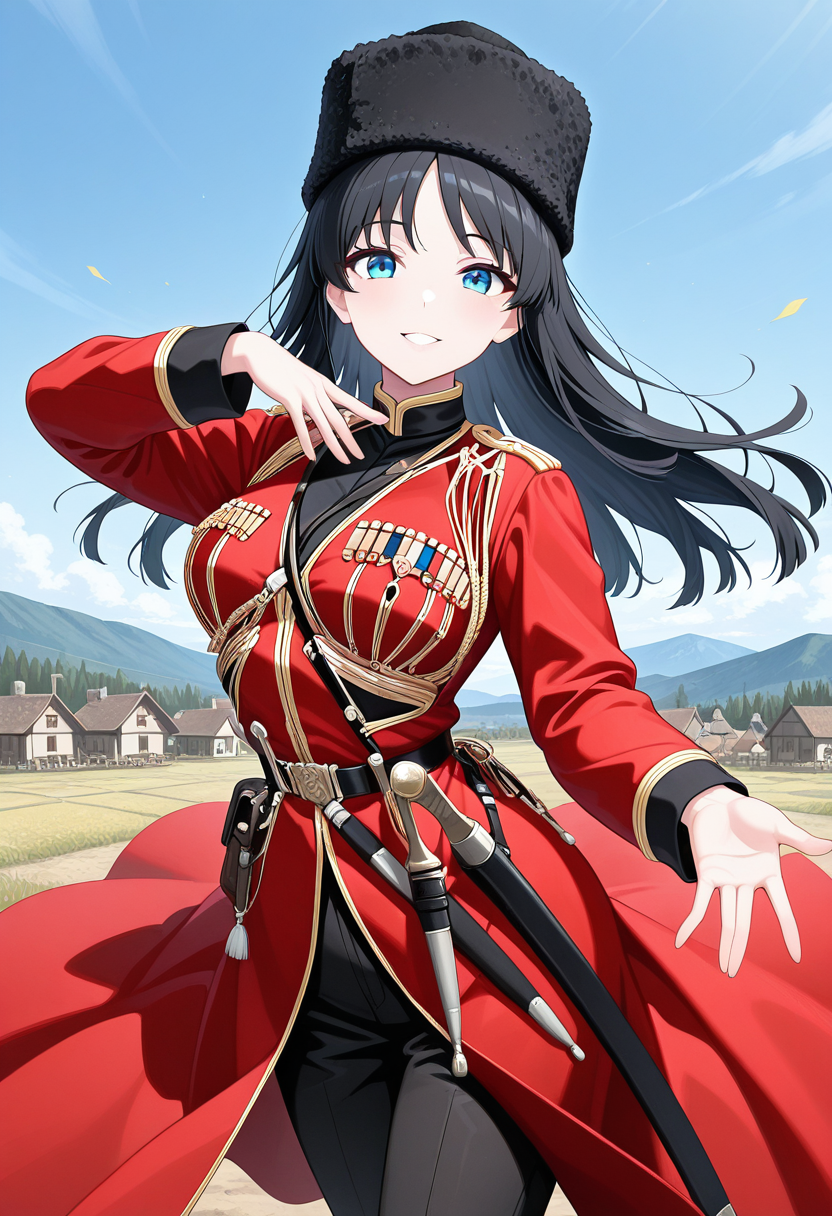 masterpiece, best quality, k4z4k, 1girl, solo, black hair, long hair, blue eyes, black fur hat, red coat, black shirt, sheath, sword, military uniform, medium breasts, blue sky, dagger, dynamic pose, looking at viewer, dancing, smile, happy, parted lips, wind, village, cowboy shot,