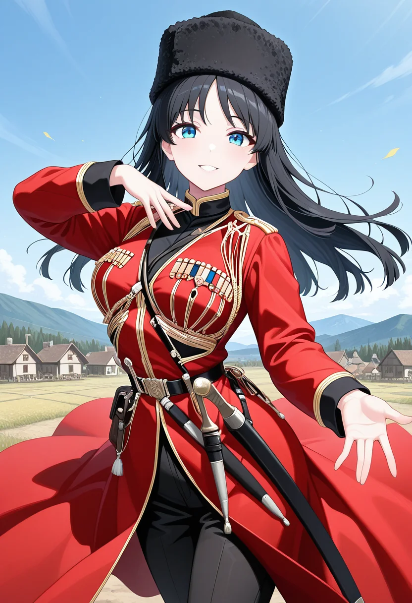 masterpiece, best quality, k4z4k, 1girl, solo, black hair, long hair, blue eyes, black fur hat, red coat, black shirt, sheath, sword, military uniform, medium breasts, blue sky, dagger, dynamic pose, looking at viewer, dancing, smile, happy, parted lips, wind, village, cowboy shot,