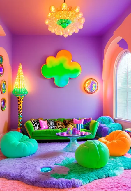 y2kmad, Light mood masterpiece photography, realistic, realistic photograph, retro chandelier, living room, couch, indoors, gumball machine, coffee table, maximalist living room, glitter, Lisa Frank inspired, scene indoors, owl room decor, pastel pillows, winx room decor, fancy furniture, Lisa Frank colors, fluffy neon rug, clouds painted on walls, coffee table, elephant statues, two chairs, books on table,  throw pillows on couch, zebra print throw pillows, light coming in from outside, arcade game, gaudy couches, giant lava lamp, lava lamp, disco balls, fairy room decor, large windows, maximalism, green, blue, turquoise, purple, orange, purple couches, maximalist living room, soft rug, neon rug, cat statue, lots of pillows, 2000s, Lisa Frank alien pictures on wall, water bed, green Glass, Vinyl, neon green lamp, pastel pink walls, Vivid colours, plastic orange designer chair, crystal beaded curtains, funky room, futuristic shaped chair, neon lights, leopard print, Y2k pink bedroom, cartoon interior design, plastic photo frames