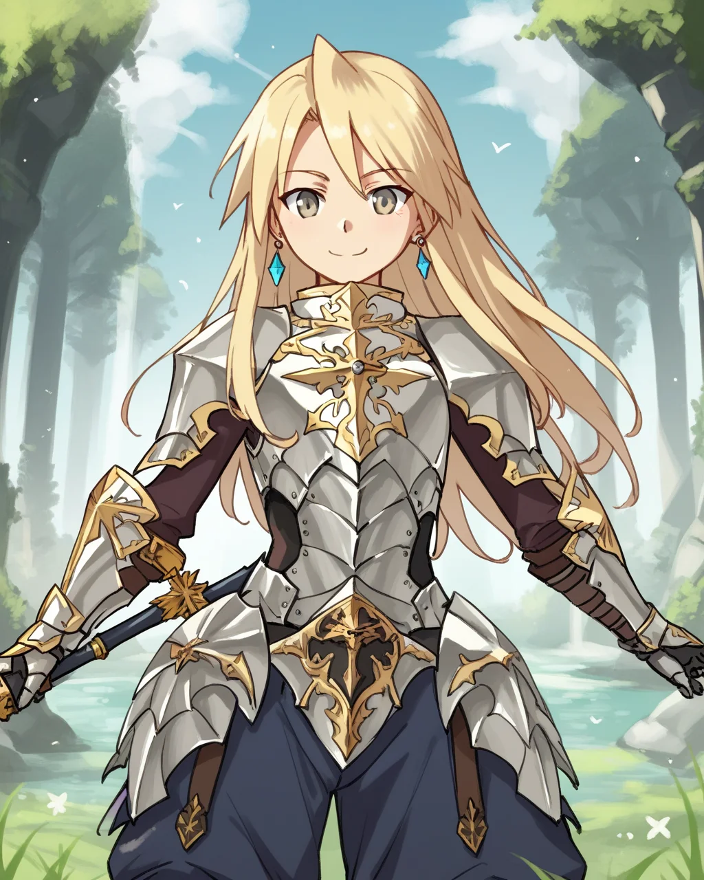 score_9, score_8_up, score_7_up, score_6_up, score_5_up, score_4_up, BREAK source_anime,<lora:add-detail-xl:1>,<lora:Expressive_H:1>,
<lora:Princess_PONY:1>,princess, 1girl, solo, long hair, blonde hair, grey eyes, armor, earrings, gauntlets, greaves,smile,