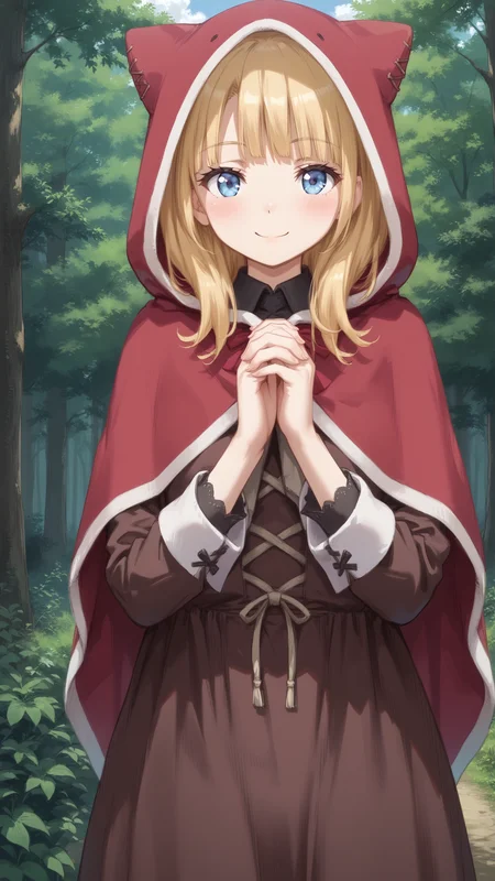 score_9, score_8_up, score_7_up, derpibooru_p_95, uncensored, masterpiece, absurdres, source_anime, 1girl, solo, standing, facing viewer, praying, smile, outdoors, forest, cowboy shot, BREAK, <lora:Anvil_Goblin_no_Suana:0.6>, anvil, blue eyes, blonde hair, medium hair, brown dress, red cloak, animal hood