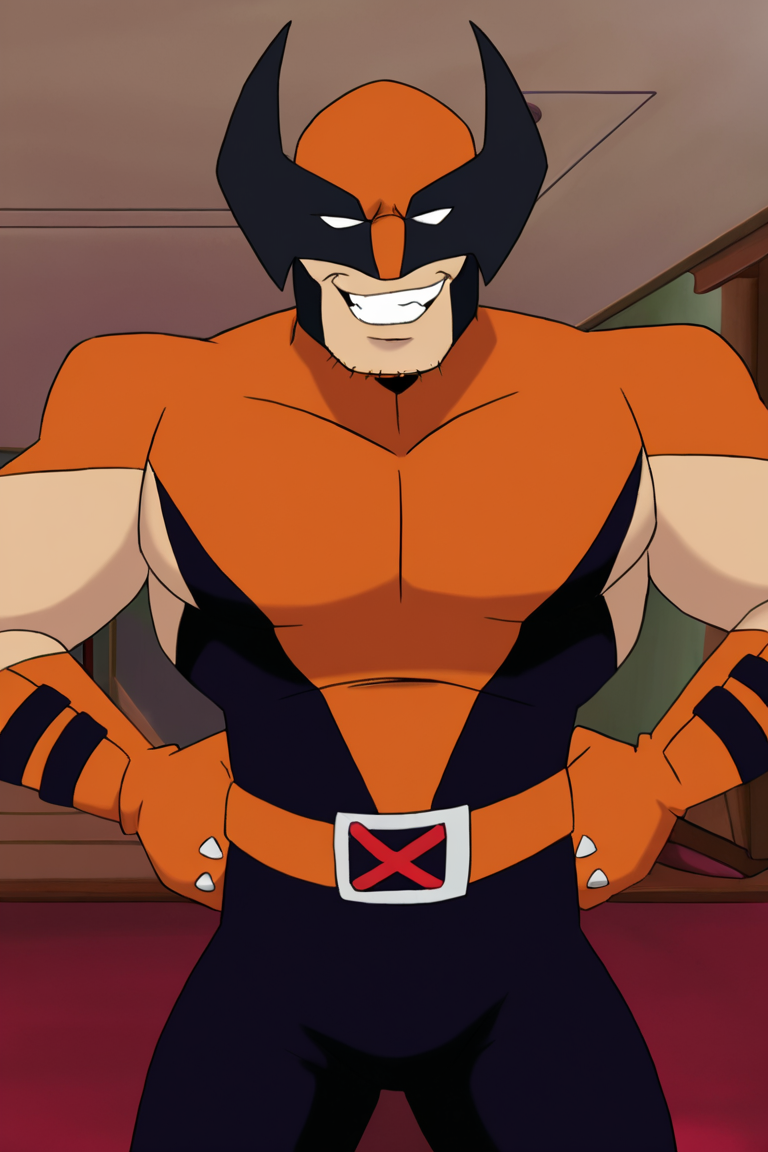 masterpiece, best quality, highres, newest, wolvevo, 1boy, solo, male focus, mature male, facial hair, stubble, bodysuit, orange bodysuit, black bodysuit, two-tone bodysuit, short sleeves, orange gloves, mask, covered eyes, white eyes, no pupils, belt, muscular, smile, grin, hands on own hip, looking at viewer, standing, portrait, upper body, indoors, living room <lora:Wolverine (Logan) X-Men Evolution (First Suit+Logan) v1.1 [LoRA] - NoobAI-XL EPS 1.0:0.8>