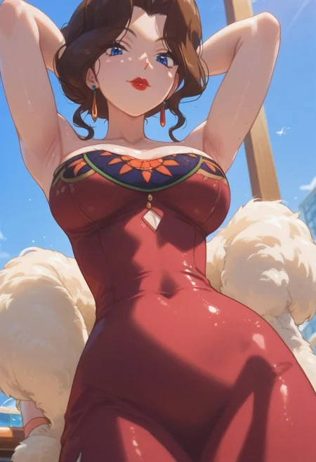 score_9, score_8_up, score_7_up, PMSAL, brown hair, single hair bun, low hair bun, bangs, sidelocks, lipstick, blue eyes, breasts, nail polish, earrings, strapless dress, red dress, bracelet, feather boa, red high heels, looking at viewer, facing viewer, armpits, from below, upper body, close-up, BREAK indoors, blue sky, day, sunlight, on yacht, party,