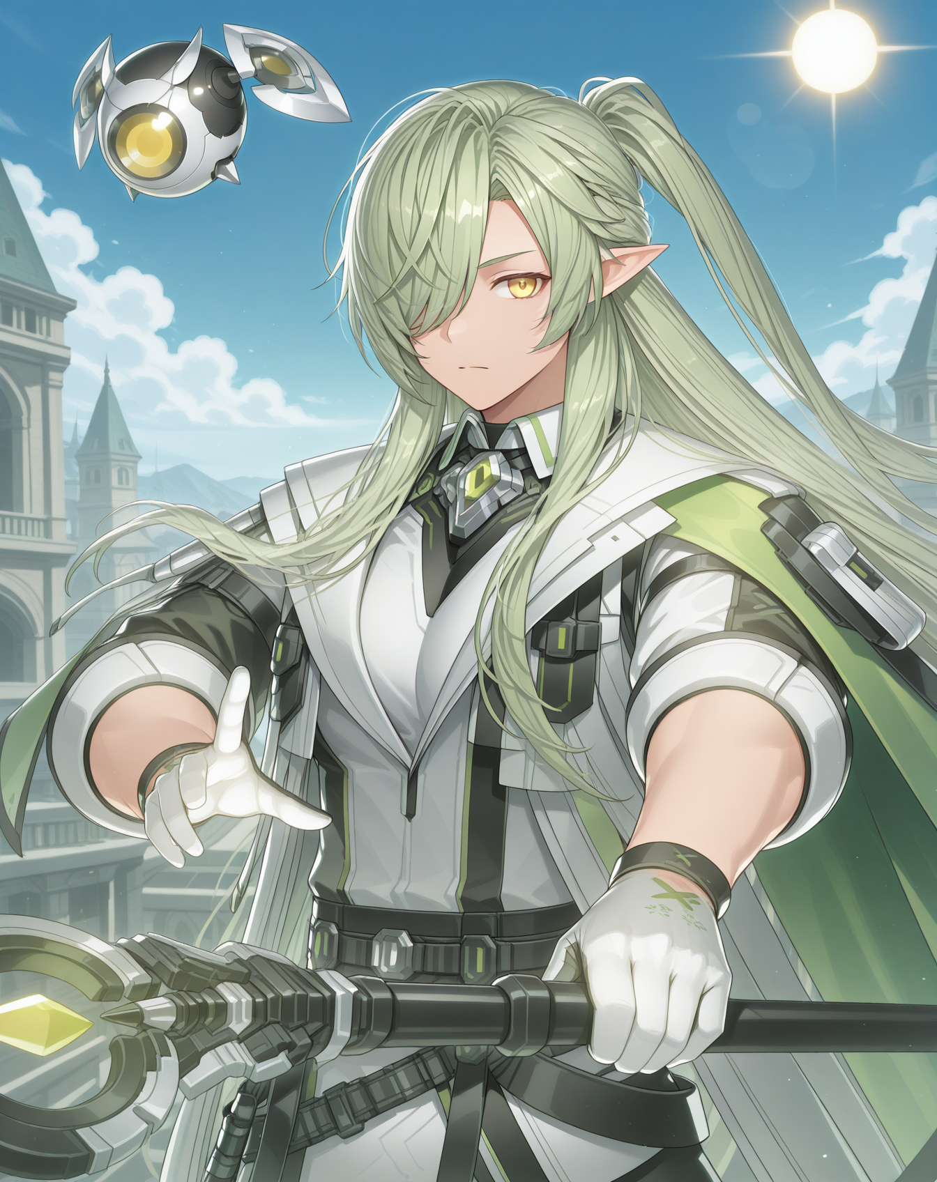 masterpiece, amazing quality, best quality, absurdres, very aesthetic,
1boy, solo, yaoi, male focus, cowboy shot, upper body, looking at viewer, face focus,
 <lora:Zero_T_FSI_ilxl:1>  zerotfsi, hair over one eye, green hair, pointy ears,yellow eyes, ponytail, half updo, elf, hair between eyes,sidelocks, one eye covered,
white gloves, black pants, boots, green cape, white coat, collared shirt, black belt, green footwear, green gemstone, grey pants, black footwear, green coat, brooch, short sleeves, two-tone gloves, gem, shoes, white shirt, vest, drone, orb, side cape, cloak, serious, cross-laced footwear, sleeves rolled up, jacket, multicolored coat,
holding staff, 
outdoors, day, blue sky, sun,