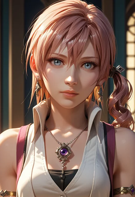 score_9,score_8_up,score_7_up,source_anime, Serah Farron,1girl,solo,jewelry,upper body,earrings,sleeveless,necklace,side ponytail,lips,armlet,