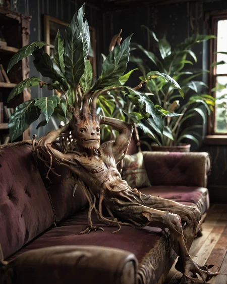 score_9, score_8_up, score_7_up, intricate details, rating_questionable,
<lora:homri52:1>,
<lora:Mandrake:1>, Mandrake, plant monster, leaves, bark, black eyes, yellow-brown bark
, looking at the viewer, solo, happy,
cowboy shot, sitting on a sofa, leaned back, arms raised, hands behind head, typical clothing), comfy living room, at night, dark room, low light,
4k,
detailed background, depth of field,
<lora:ral-chrosc-clr:0.5>, ral-chrosc-clr,
<lora:Expressive_H:0.5>, Expressiveh,
<lora:xl_more_art-full_v1:0.3>,
<lora:add-detail-xl:0.3>,