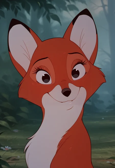masterpiece,best quality,amazing quality, sfw, solo, smile, smiling, Vixey, female, Disney, fox, vixen, furry, black eyes, feral, feral female, eyelashes, cute, smile, looking at viewer, portrait, detailed, beautiful, masterpiece <lora:Vixey_Fox_and_The_Hound_Illustration:0.8>