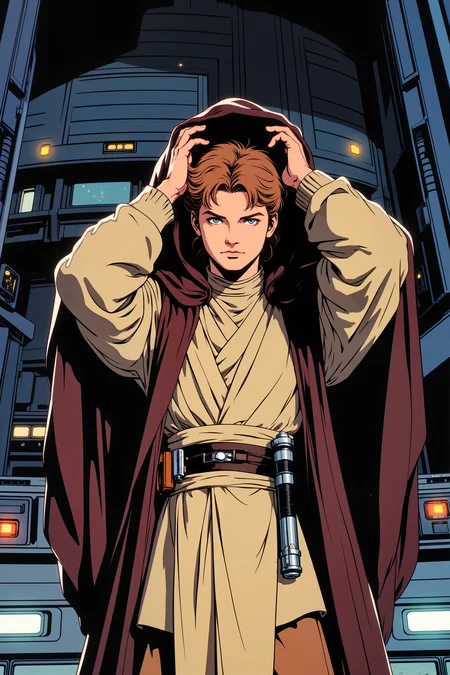 a cartoon illustration of a young man with short hair in jedioutfit with his hands up,on a starbase<lora:JEDIOTFIT_FLUX> <lora:RetroAnimeFluxV1:0.5><lora:NeonFantasyFLUX:0.3>