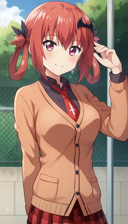 score_9,score_8_up,score_7_up,score_6_up BREAK official art,solo,outdoors,upper body,(portrait:1.5),looking at viewer,facing viewer,smile,blush,Satanichia Kurumizawa McDowell,long hair,red hair,hair rings,black ribbon,bat hair ornament,sidelocks,hair between eyes,bangs,purple eyes,orange cardigan,red necktie,inverted cross,black shirt,collared shirt,medium breasts,red skirt,plaid skirt,pleated skirt,black socks,loafers,<lora:Satanichia Kurumizawa McDowell(gd)-Pony:1.4>,