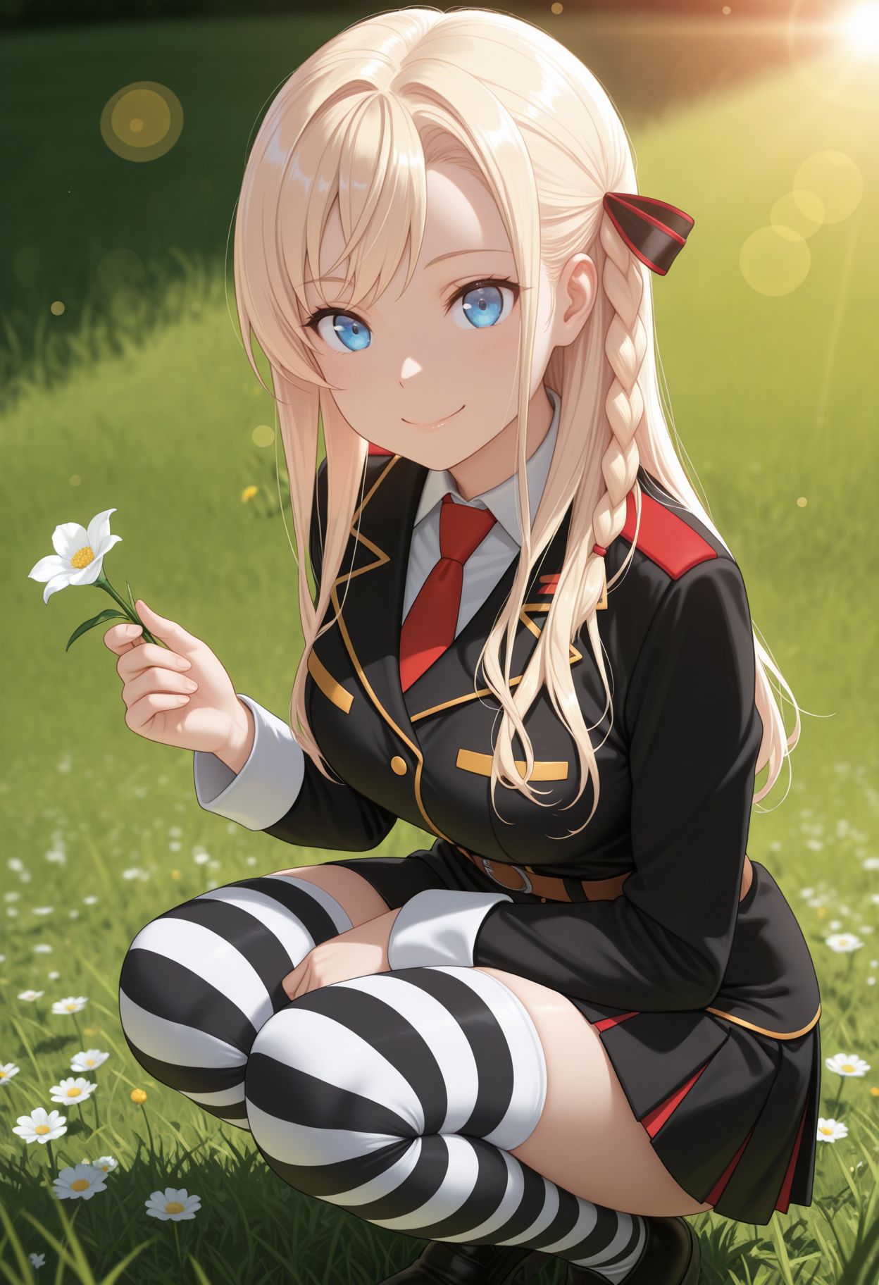 masterpiece,best quality,absurdres,highres,very aesthetic,high quality,detailed,insanely detailed,beautiful,perfect lighting, ,depth of field,blurry background,bokeh, looking at viewer, looking at viewer, 
  <lora:Wilhema  illu:1> 1girl, blonde hair, long hair, blue eyes, single braid, military uniform, red necktie, belt, black skirt, shirt, black jacket, striped clothes, striped thighhighs, 
, grass field, smile, squat, holding flower