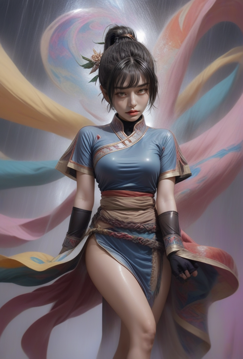 Psychedelic style <lora:fightdress_SDXL_reg_:1>,1girl,25yo,fighting,the background is a huge buddha statue and pagoda,cannot fail,black hair,hair bun,<lora:Saika_Kawakita_SDXL_1_:1>,blush,sweat,Tsundere,in pouring rain, . Vibrant colors, swirling patterns, abstract forms, surreal, trippy
