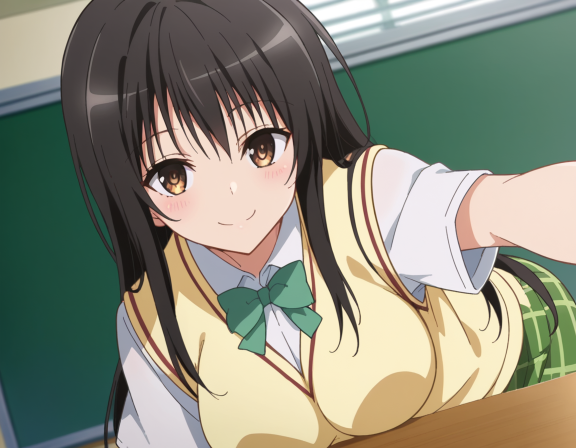 score_9, score_8_up, score_7_up, source_anime,
yuikotegawa, <lora:yui-kotegawa-darkness-ponyxl-lora-nochekaiser:1>,
yui kotegawa, black hair, brown eyes, long hair,
green skirt, plaid, plaid skirt, sainan high school uniform, school uniform, skirt, sweater vest, yellow sweater, short sleeves,
indoors, classroom, smile, bent over,
looking at viewer, dutch angle, cowboy shot,