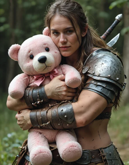 a barbarian warrior, hugging a pink teddy bear, <lora:EldritchCandids1.1.2:0.4> <lora:real_dream_pony_realistic_lora_3:0.4> <lora:MJ52:0.3> <lora:FF.101.juggernautXL_version6Rundiffusion.LORA:0.4> <lora:JuggerCineXL2:0.3>
