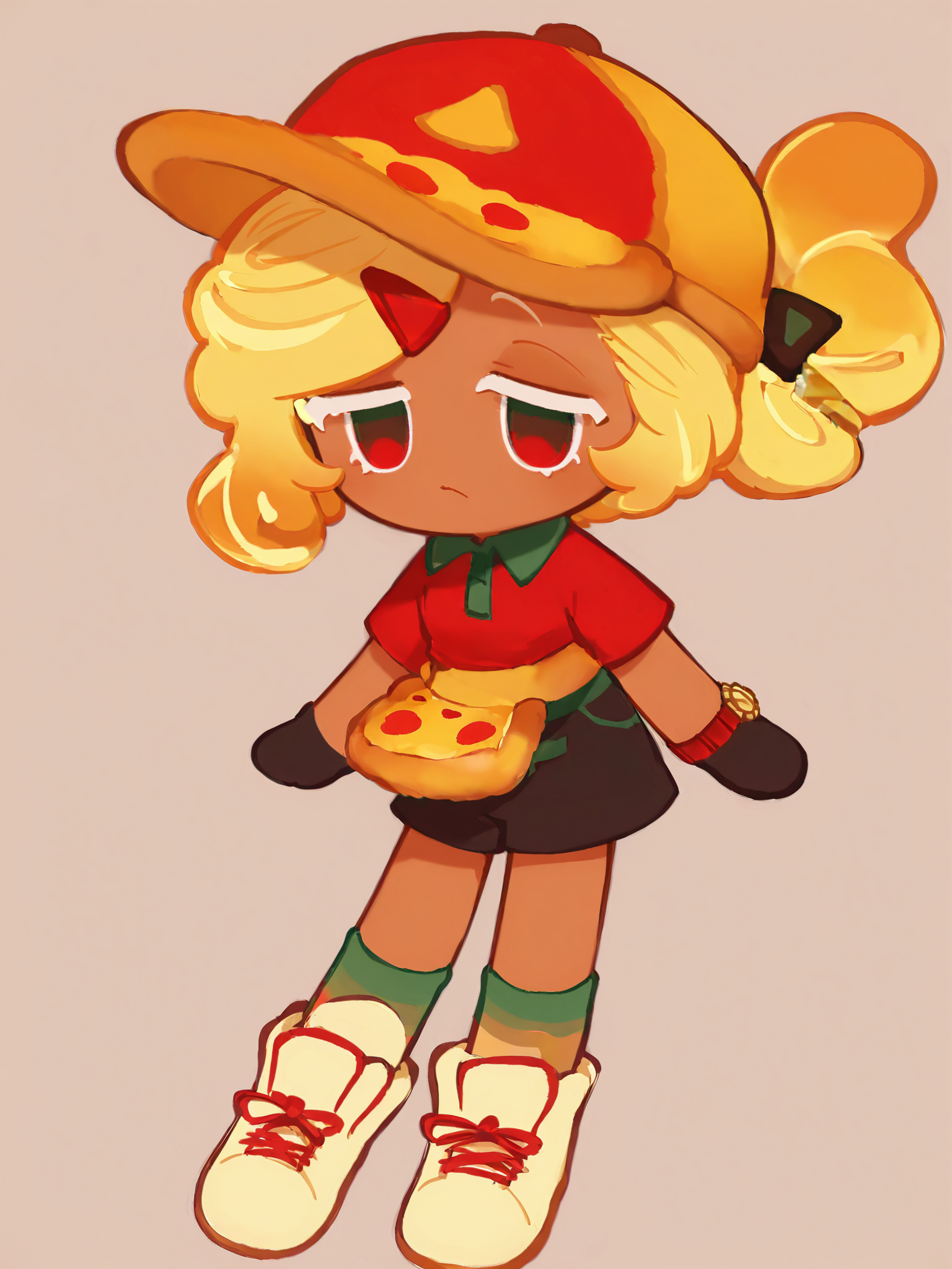 <lora:PizzaCR2XL:1>, PCo_CR, 1girl, dark skin, red two-tone collared shirt, black shorts, medium hair, pizza hat, black gloves, hairclip, short sleeves, polo shirt, pizza apron, folded ponytail, two-tone eyes, wristwatch,
<lora:cfg_scale_boost:0.5> dynamic pose, white eyelashes, bored, full body, multicolored sneakers, multicolored socks, floating, cookie run, , chibi, simple background, gradient background