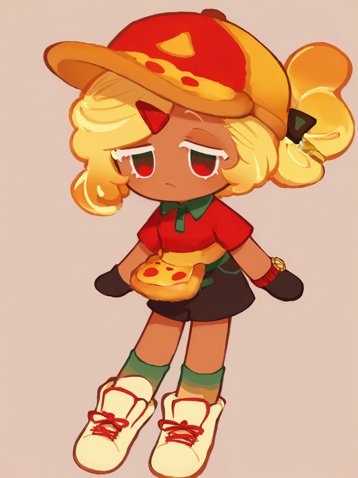 <lora:PizzaCR2XL:1>, PCo_CR, 1girl, dark skin, red two-tone collared shirt, black shorts, medium hair, pizza hat, black gloves, hairclip, short sleeves, polo shirt, pizza apron, folded ponytail, two-tone eyes, wristwatch,
<lora:cfg_scale_boost:0.5> dynamic pose, white eyelashes, bored, full body, multicolored sneakers, multicolored socks, floating, cookie run, , chibi, simple background, gradient background