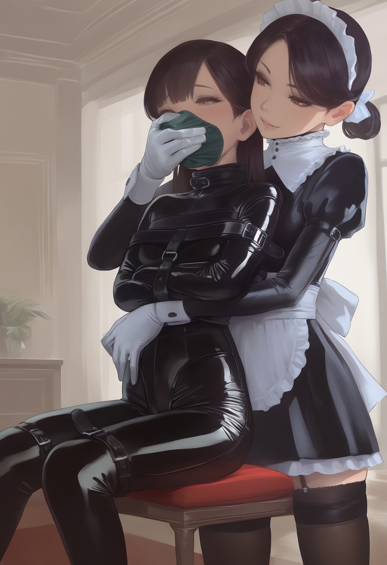 masterpiece, best quality, 2girls, femdom, maid, sitting, hug from behind, black latex straitjacket, holding chloroform to another's face<lora:1equals2_v1_5_noob:1.0>