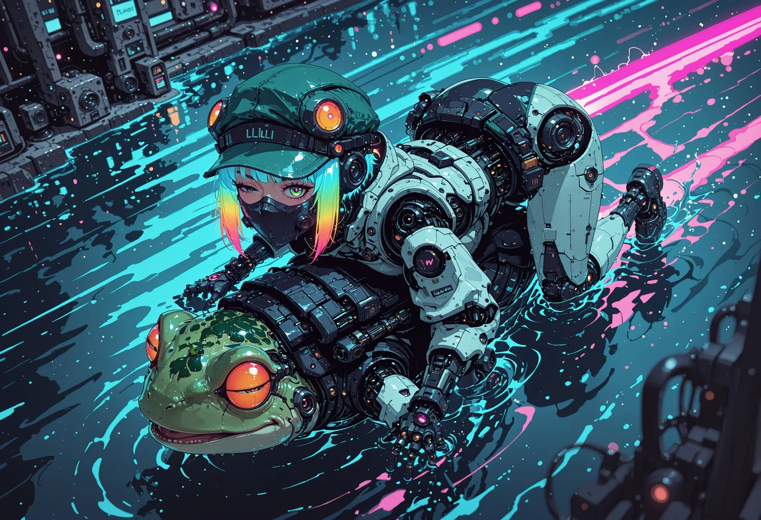 <lora:ck-nc-cyberpunk-IL-000011:0.60>, masterpiece, best quality, good quality, very aesthetic, absurdres, newest, 8K, depth of field, focused subject, dynamic angle, side view, from above, action shot, wabi sabi android woman, rainbow hair, glowing hair, cute simplistic green frog hat with frog eyes on it, the brim of the hat reads "Lilly", white ceramic armor, detailed eyes, gazing at viewer, clean visible face,perched on top of giant frog, their face mask is open, one eye has mechanical enhancements, servos, wires, exposed circuits, skin, lillypads, action scene, jumping through water, bioluminescent lillypads,, Sci-fi anime movie (style by George Shaw),shallow depth of field, vignette, (Fujicolor Superia X-TRA 400) , (bioluminecent glow:0.8),
in the style of cknc,
<lora:MoriiMee_Gothic_Niji_Style_Illustrious_r1:0.5>
<lora:ck-neon-retrowave-IL:0.85>
<lora:ck-shadow-circuit-IL:0.35>