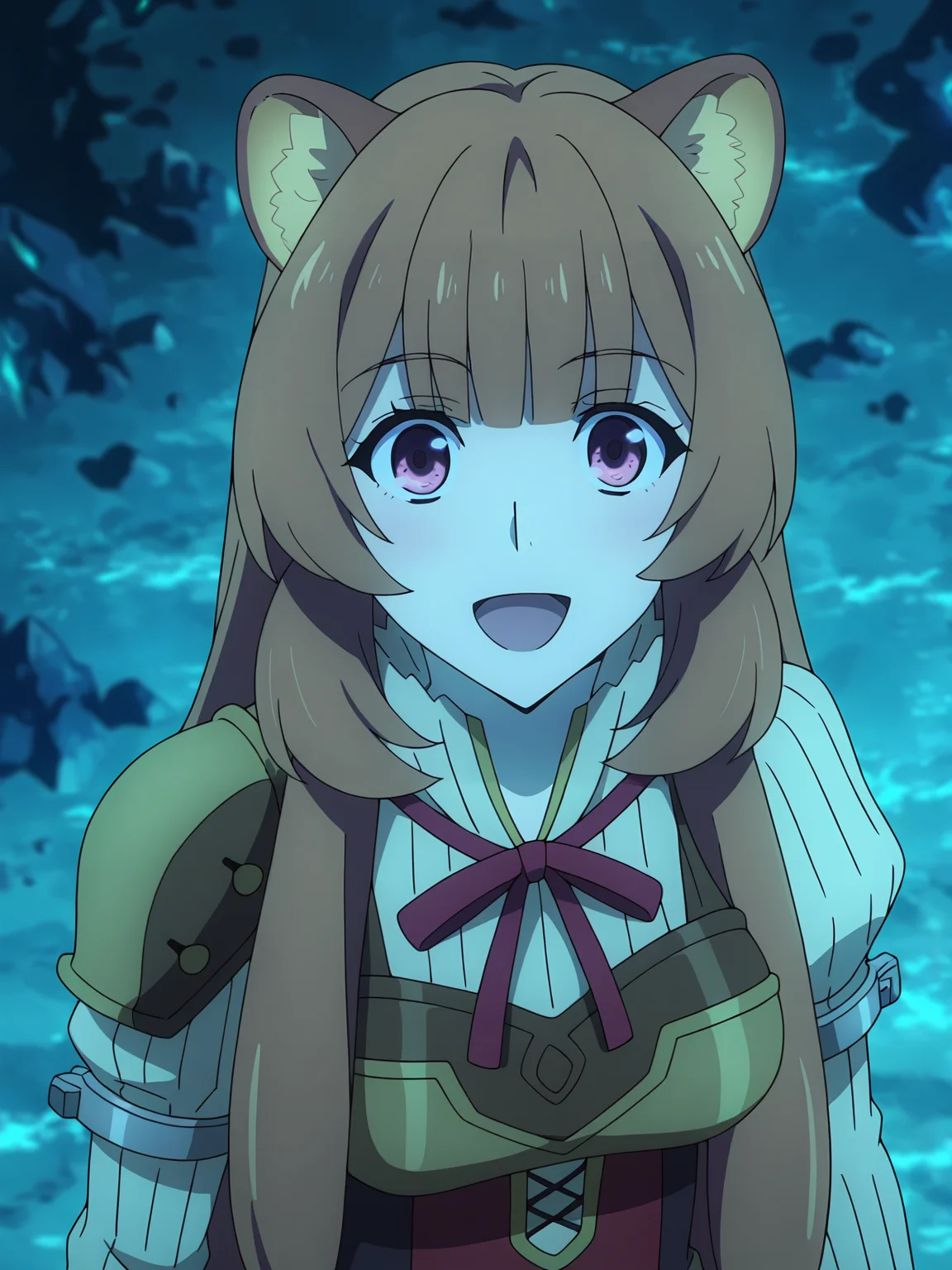 <lora:Raphtalia:0.8>, raphtalia, tate no yuusha no nariagari, 1girl, solo, red eyes, long brown hair, twintails, raccoon ears, white pleated shirt, long puffy sleeves, red ribbon, red dress, metal armlet, asymmetrical leather pauldrons, leather breastplate, happy, open mouth, standing, upper body, looking at viewer, from above, indoors, cave, aqua lighting
