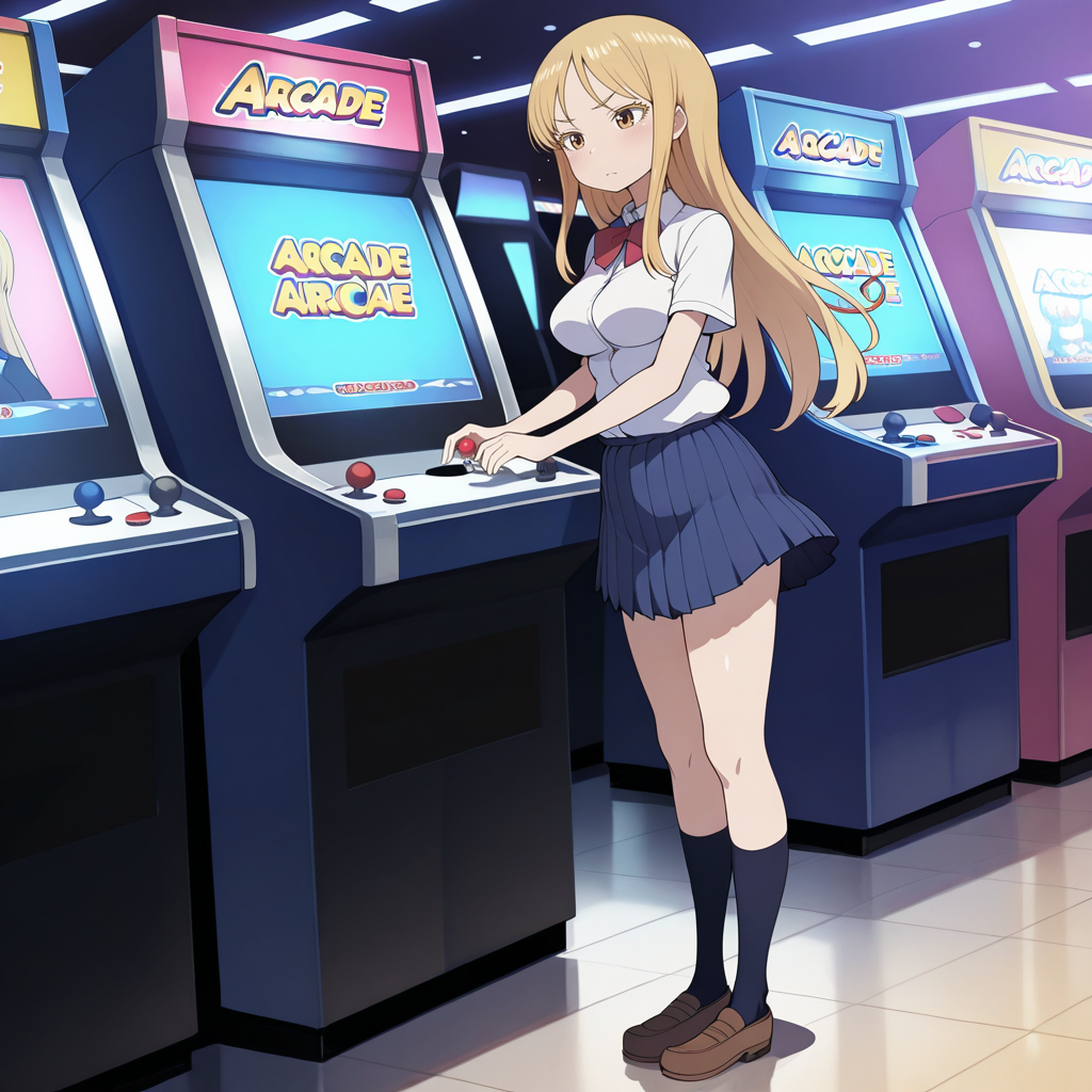 1girl,masterpiece,  arcade,
standing, full body, playing arcade, 
 <lora:Hidaka_ill:1> , hidaka_ill, 1girl, blonde hair, long hair, solo, school uniform, breasts, blue skirt,