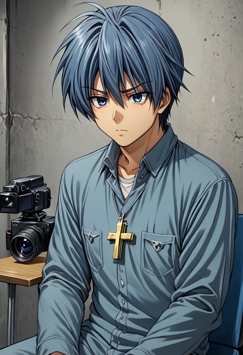 high resolution, solo, best quality, 1Boy, Tomoya Okazaki, Grey Blue Hair, blue eyes, Sitting cross-legged, looking at camera, approachable, friendly,