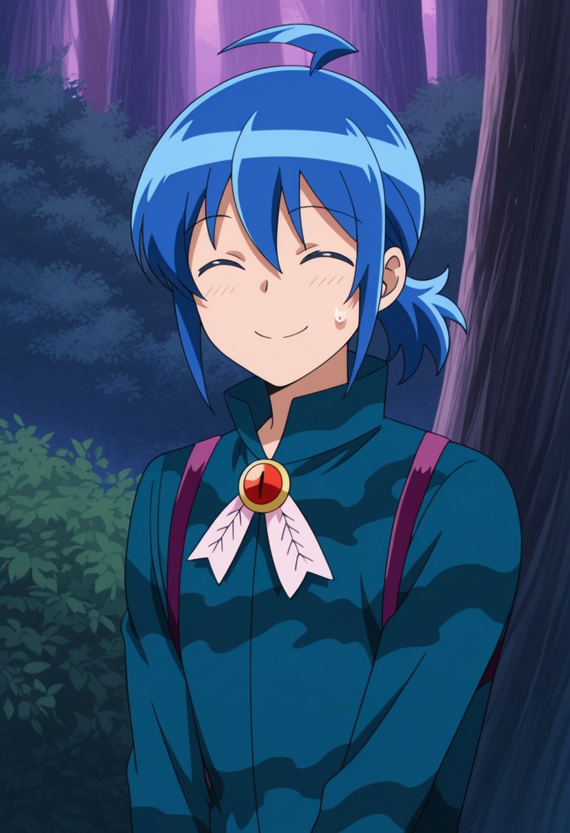 masterpiece,best quality,amazing quality, source_anime,
IrumaSuzuki, solo, closed eyes, blue hair, 1boy, smile, male focus, tree, outdoors, sweatdrop, ponytail, , jacket, camouflage jacket, brooch,