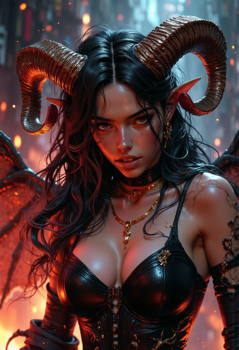 mythp0rt, fangs, Gorgeous succubus with large wings, ram horns on her head, demon tail, she has black long hair, posing, large breasts, wearing revealing dress, fire particles
