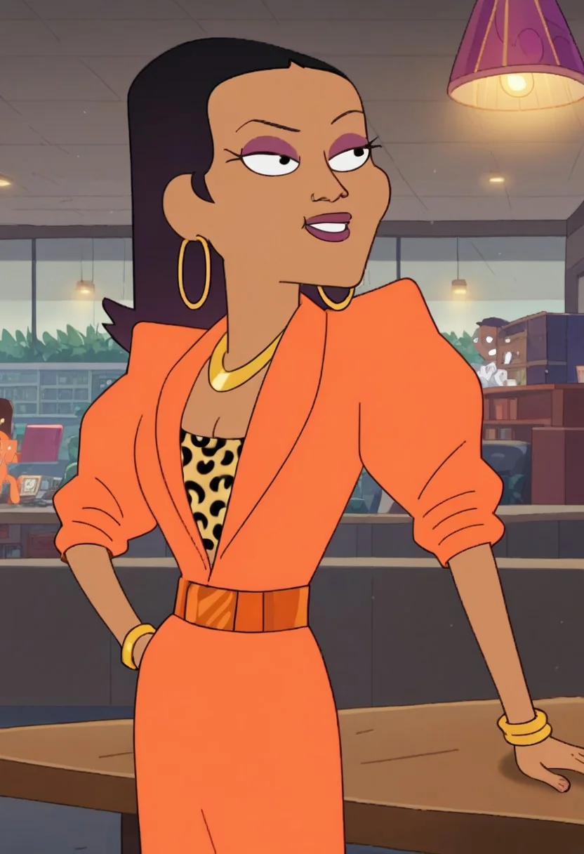 score_8, score_8_up, score_7_up, 1girl, female focus, Solo, Gigi_IJ, brown skin, black hair, shoulder length hair, straight hair, maroon curly ends, black eyes, purple eyeshadow, purple lips, orange suit jacket with rolled up sleeves, leopard print top under jacket, orange pencil skirt, gold hoop earrings, two gold bracelets, gold necklace, shiny copper belt, purple platform heels, full body, indoors, table, office, bookshelves, lamp, window, smile, standing, tall stature, medium breasts