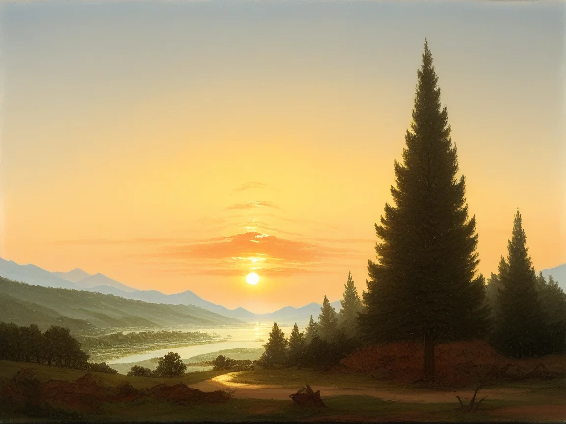 score_9, score_8_up, score_7_up, score_6_up, score_5_up, <lora:fr13dXLP:1> fr13d, outdoors, scenery, traditional media, landscape, sunset, bare tree