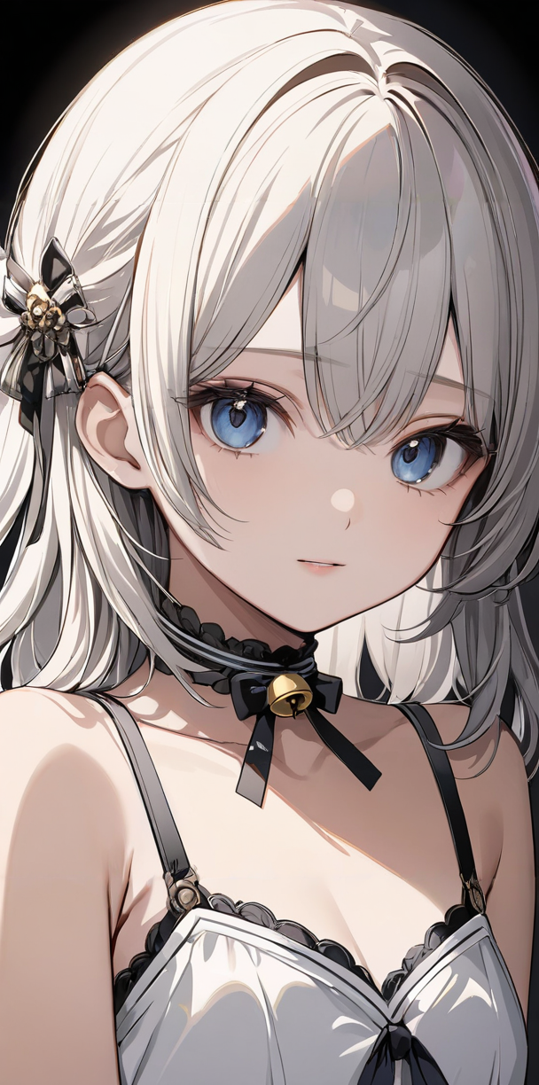 masterpiece,ultra-detailed,best quality,8K,illustration,cute face,clean skin ,shiny hair,girl,ultra-detailed-eyes,simple background, <lora:add-detail-xl:1> ,<lora:chocker_XL_V1.0:1> choker,ribbon,bell