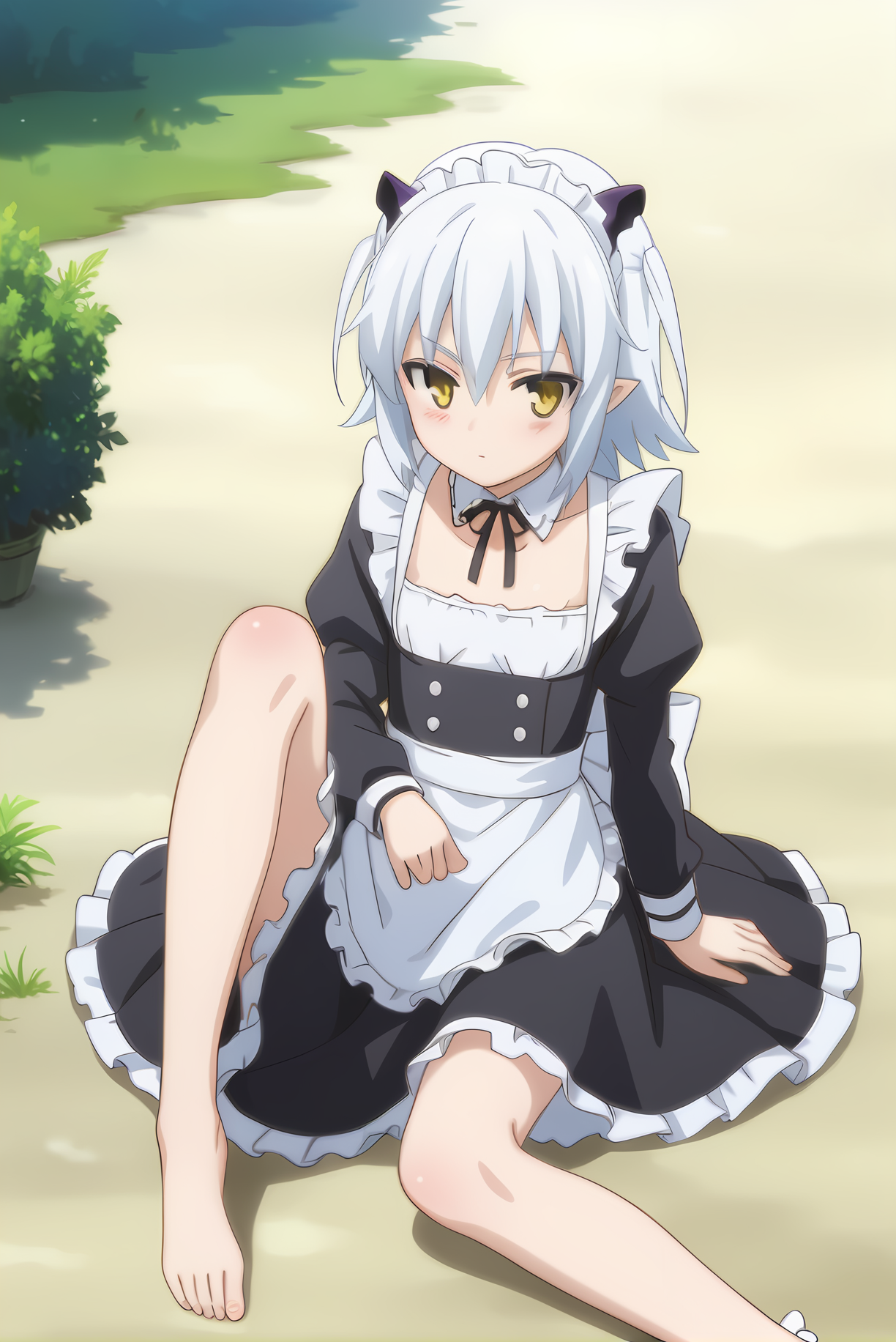(maid apron), mt-shiroyasha, white hair, yellow eyes, short horns, 1girl, solo, skinny, feet, (score_9, score_8, score_7), source_anime, blush, (outdoors), (1.3::full body|sitting|standing|lying|0.6::close-up| :1.20), <lora:mt-shiroyasha-V01-000003:0.80>