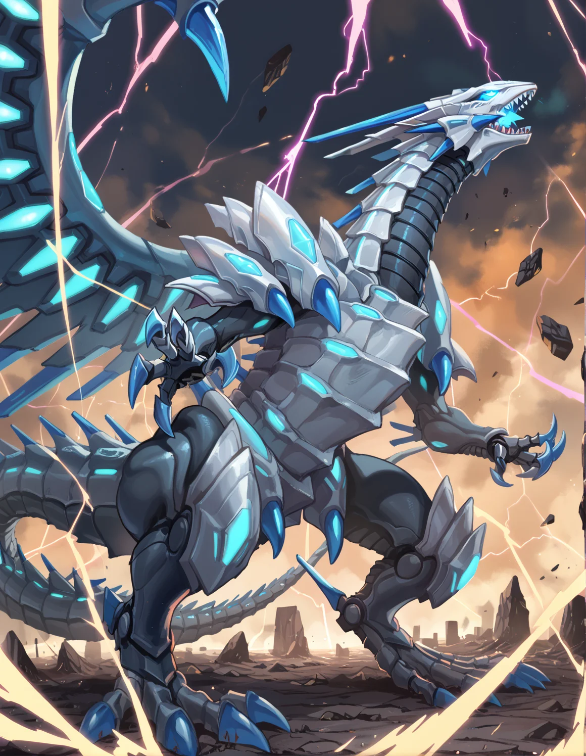 (score_9:0.9),score_8_up,score_7_up,rating_safe,anime style,(zPDXL),(zPDXL3),
<lora:blue eye chaos max dragon ponyXL v1.2:0.79>,mecha dragon,blue eye chaos max dragon, open mouth, sharp teeth, solo, glowing eyes, energy, looking above, lightning, no iris