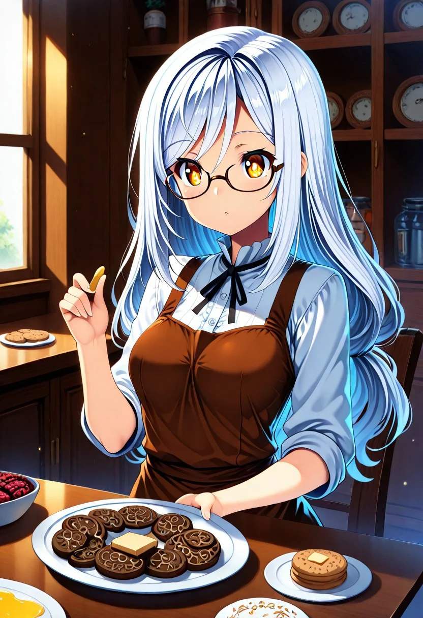 1girl, solo, woman, anime, long_hair, white_hair, glasses, Enchanting Eyes, cookies, beautiful, shopkeeper, beautiful, Butter-T, masterpiece, best quality, amazing quality, pg, sfw, made of creamy cookies.