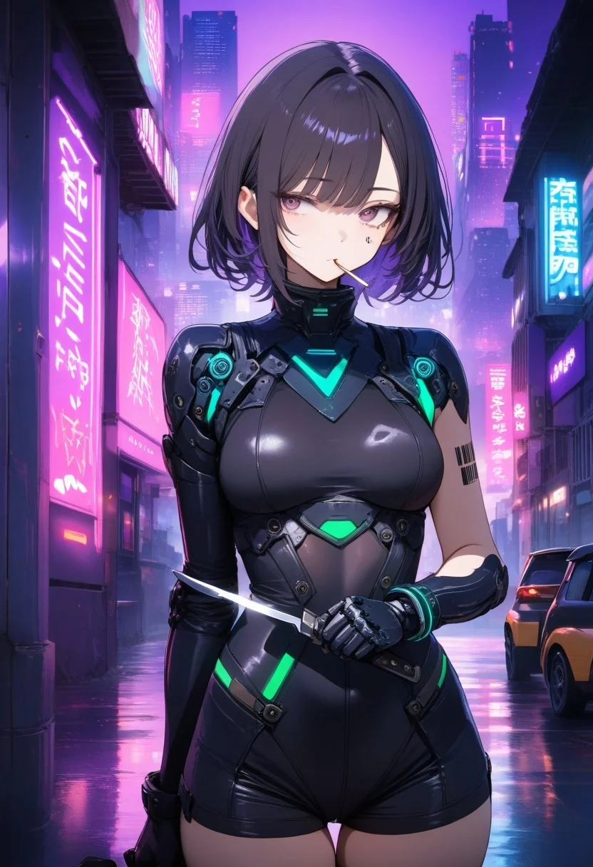 1girl, solo, safe, 
japanese, Cyberpunk(green and purple background, big buildings, neon signs, open bars, prostitutes offering themselves:1.2),smoking,
black armored suit, one arm sleveless, sidbob, short black undercut hair, mechanical arm, mechanical eye, holding Knife, looking to side, barcode tattoo under eye, number tattoo in arm,
<lora:LoraANGXL4Z_YamiStyle_v2:1.0>
masterpiece, high score, great score, absurdres.