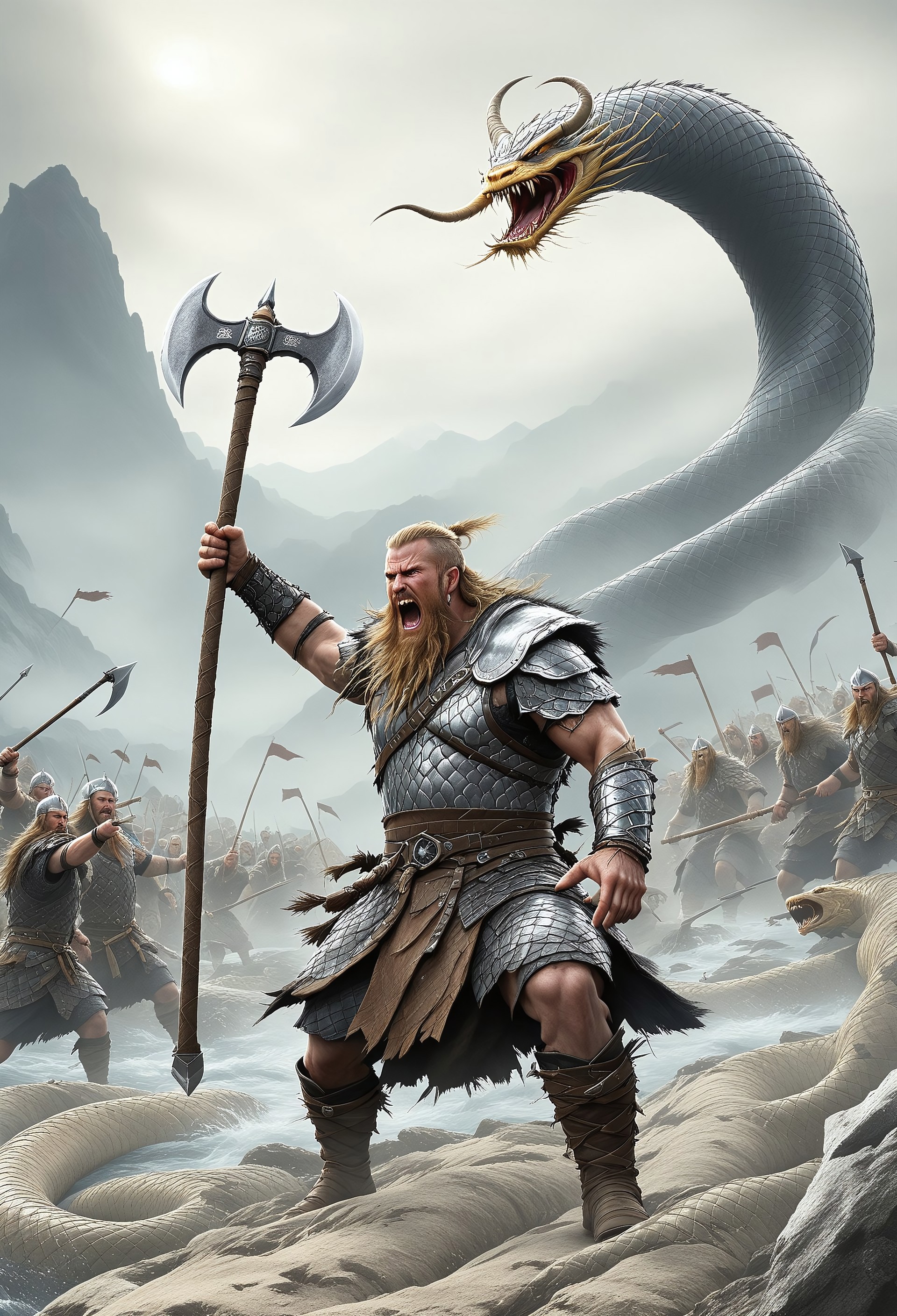 Sinoink VALHERO a viking warrior holding a axe yelling a huge snake at the battle of ragnarok