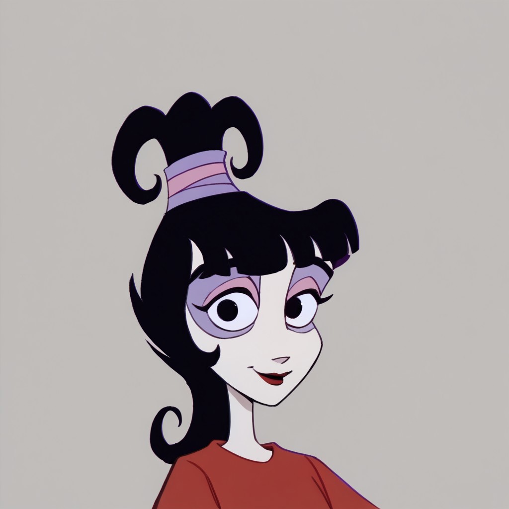 score_9, score_8_up, score_7_up BREAK LydiaDeetz, 1girl, black hair, blunt bangs, black eyes, ponytail, purple pink ponytail scrunchie, red lipstick, pink eyelids, purple eyeshadow, red poncho, smiling at viewer,