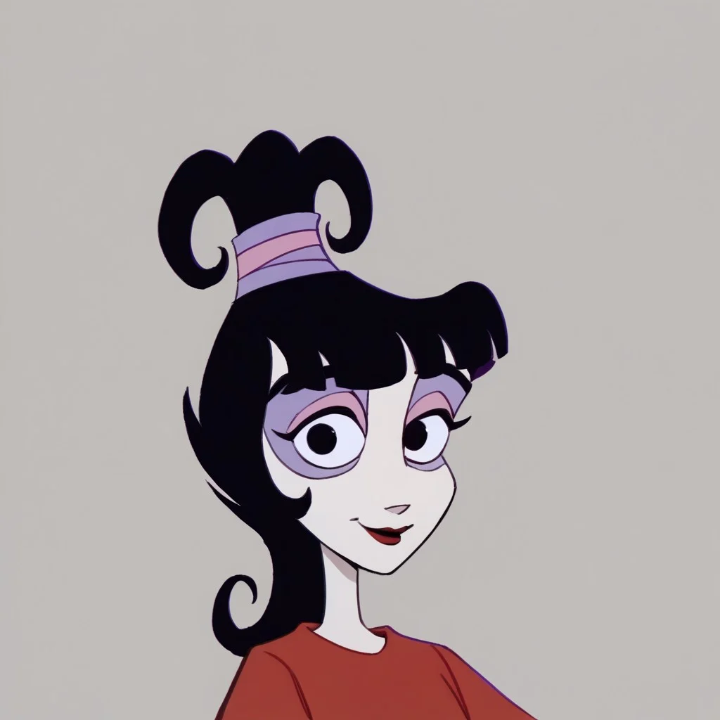 score_9, score_8_up, score_7_up BREAK LydiaDeetz, 1girl, black hair, blunt bangs, black eyes, ponytail, purple pink ponytail scrunchie, red lipstick, pink eyelids, purple eyeshadow, red poncho, smiling at viewer,